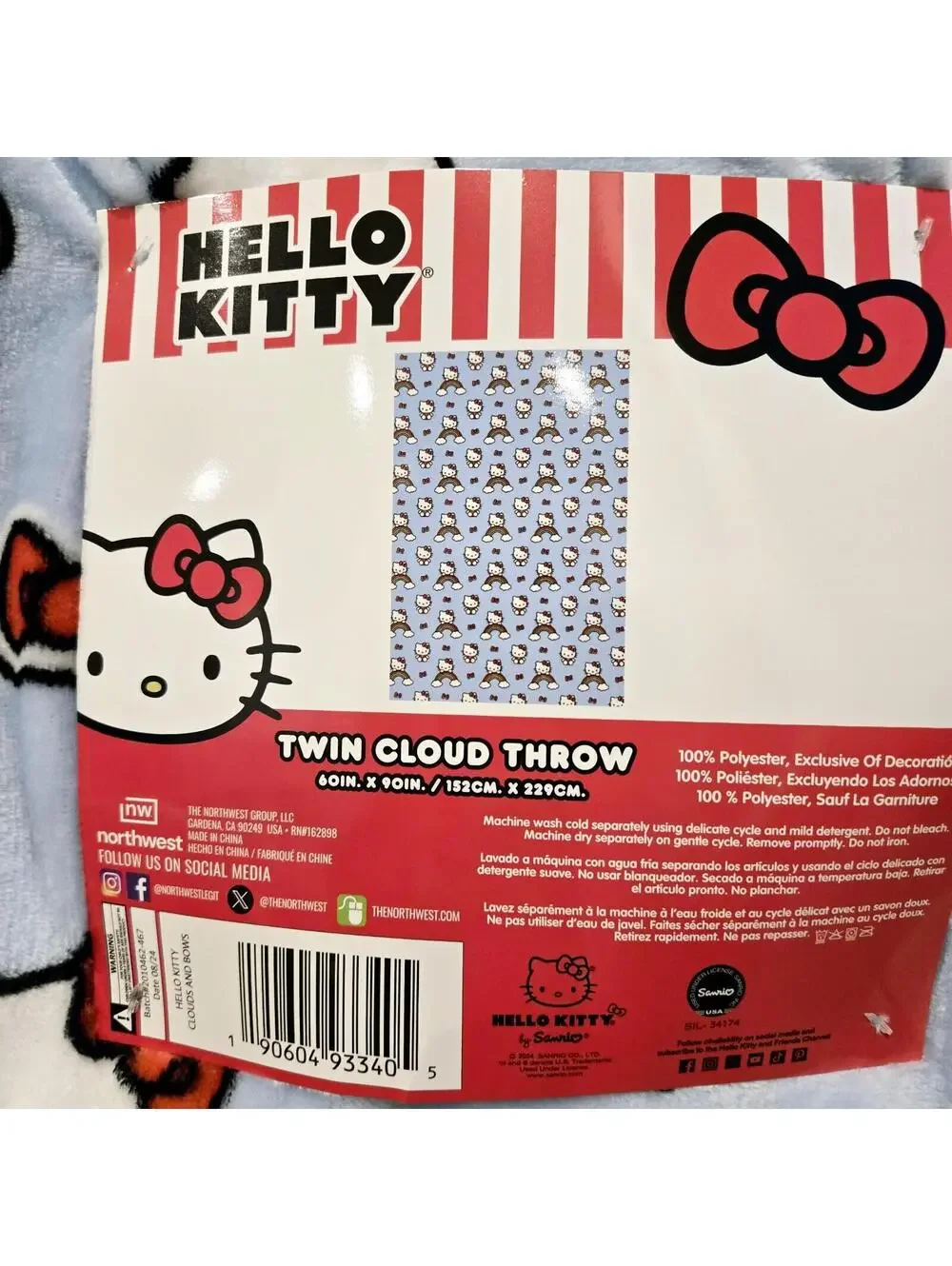 Hello Kitty Rainbow Clouds & Bows Blue Throw Blanket Twin